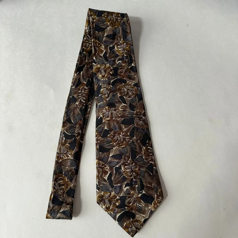 Surrey Classics Mens Silk Floral Necktie Brown Gold Purple Professional Autumn